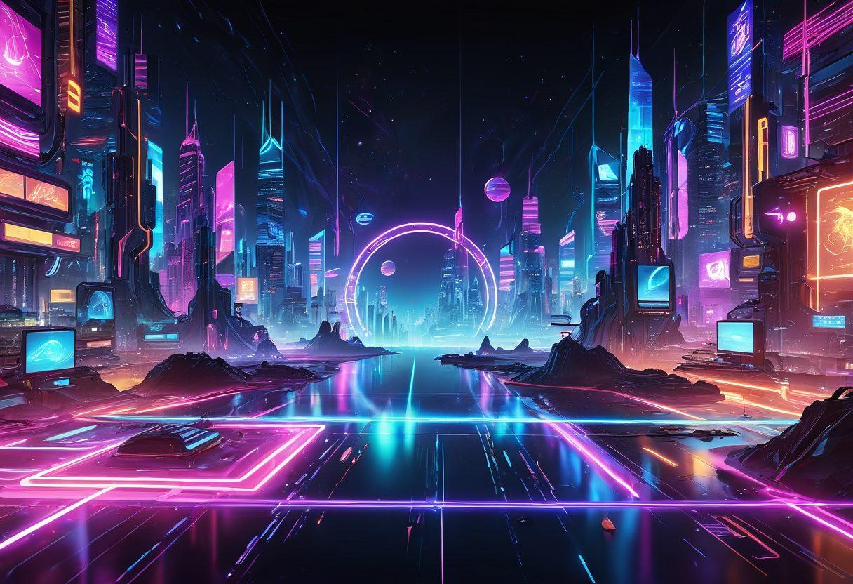 A futuristic digital landscape featuring a series of vibrant portals and platforms interconnected by glowing data streams. Showcase diverse internet directories represented as colorful, floating icons around the platforms, each symbolizing different online resources. In the background, a cosmic expanse with binary code patterns, giving a sense of vastness and depth. Infuse elements of technology and exploration to capture the essence of the internet's evolution. vibrant colors. cyberpunk.