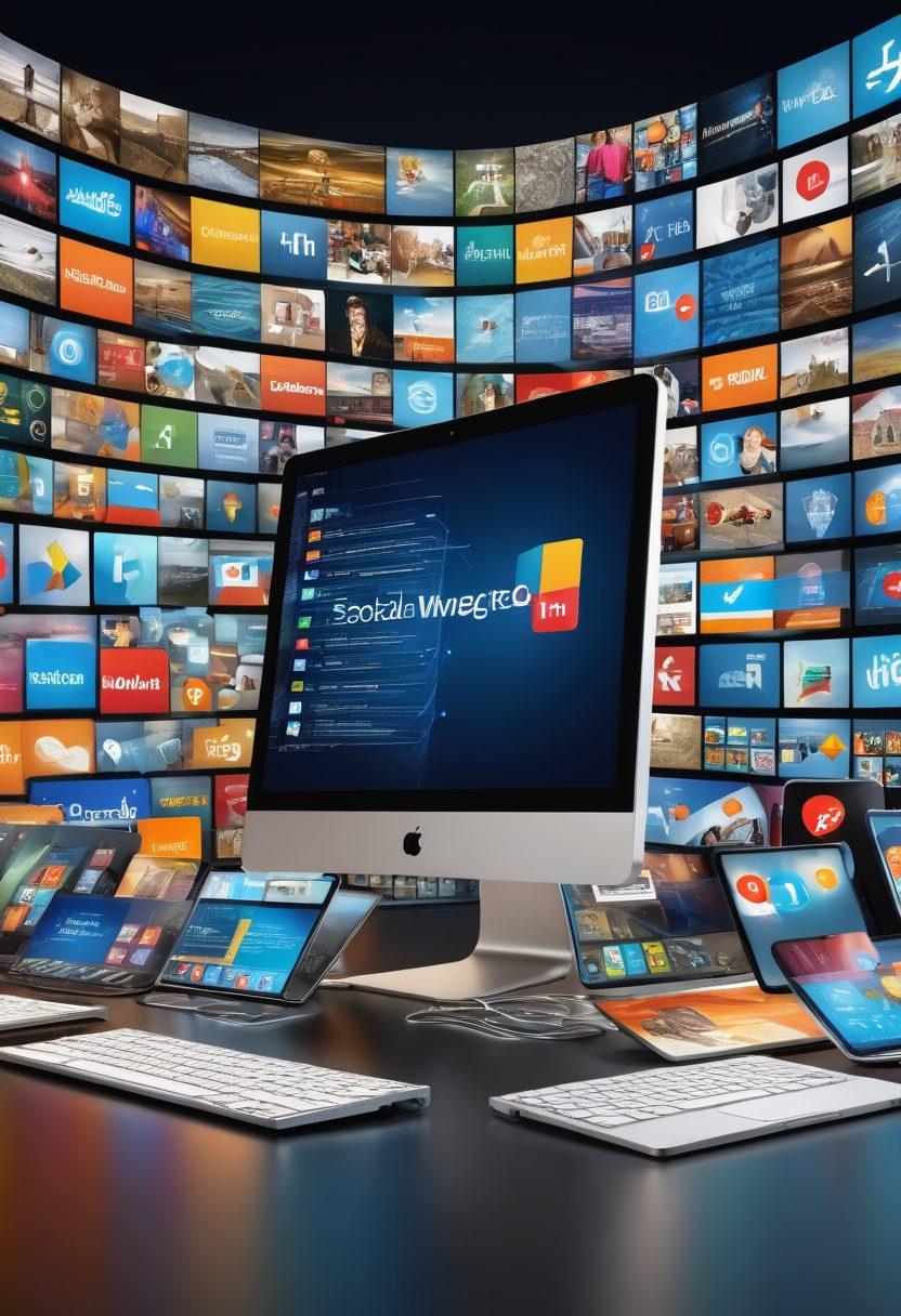 A vibrant collage featuring a diverse range of computer screens displaying various useful websites and online services, interconnected with bright arrows symbolizing navigation. Include icons of social media, e-commerce, educational platforms, and productivity tools. The background should reflect a digital landscape with light trails signifying online connections. Super-realistic. Vibrant colors. 3D.